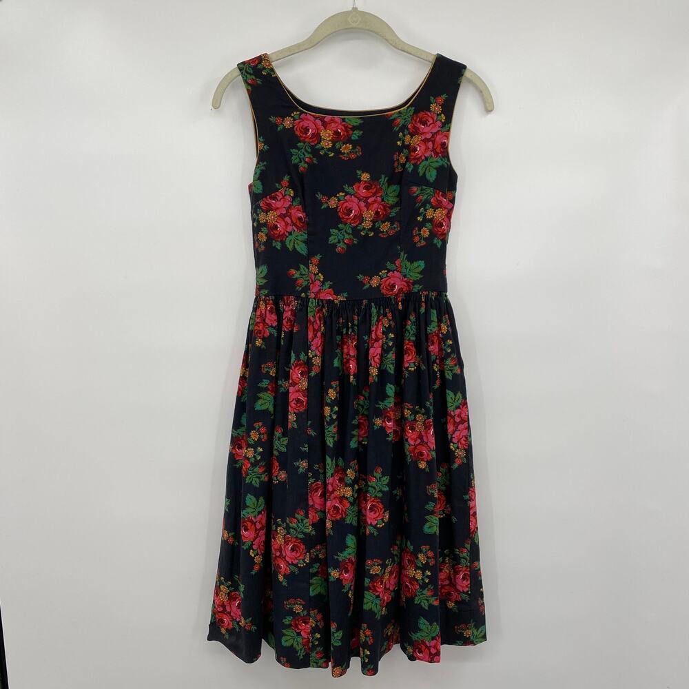 Vintage 60s Dress Fit & Flare Ditsy Floral Rose Print Sleeveless Black Womens XS